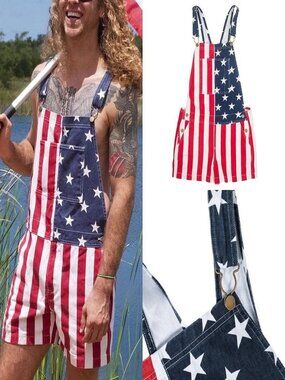 Men's & Women's Overalls USA America Flag Print Bib Pants Jumpsuit Romper Shorts
